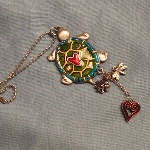 Double sided colorful enamel brushed silver metal turtle with red heart and char